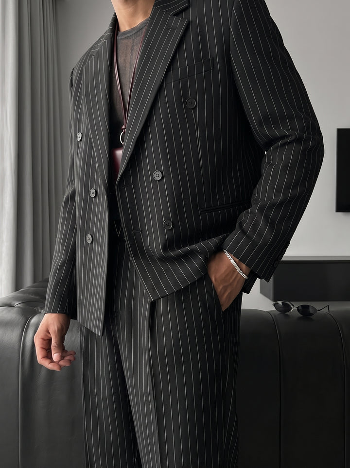 Oversize Pinstripe Double-Breasted Suit - Black
