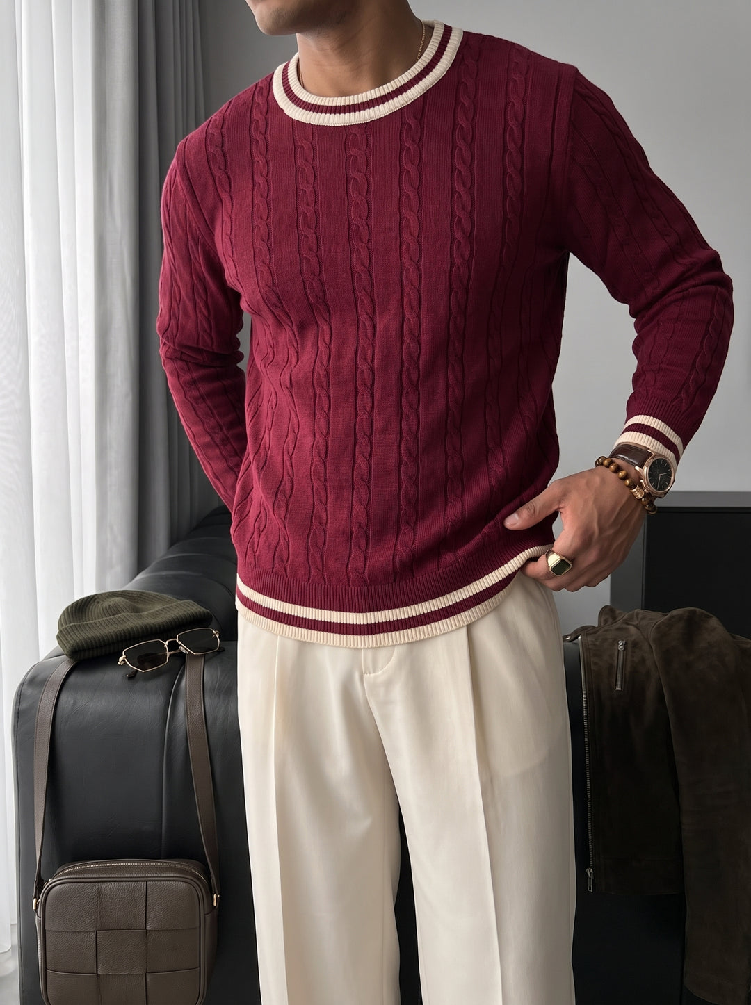 Regular Fit Braid Knit Sweater - Port Royale