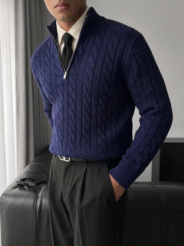 Oversize Collar Braid Pullover - Navy Blue