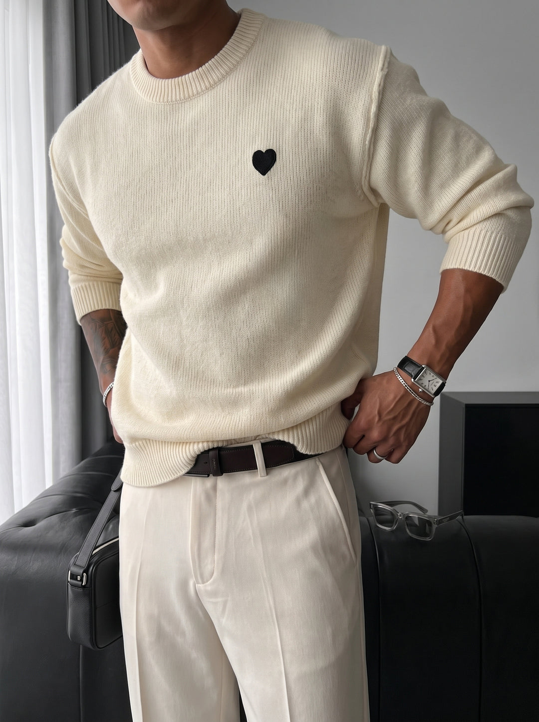 Loose Fit Heart Detail Sweater - Ecru