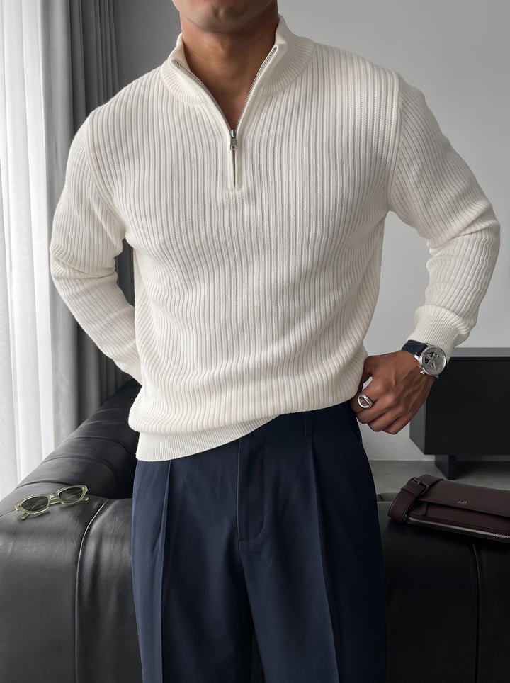 Slim Fit Half Zip Textured Sweater - Ecru