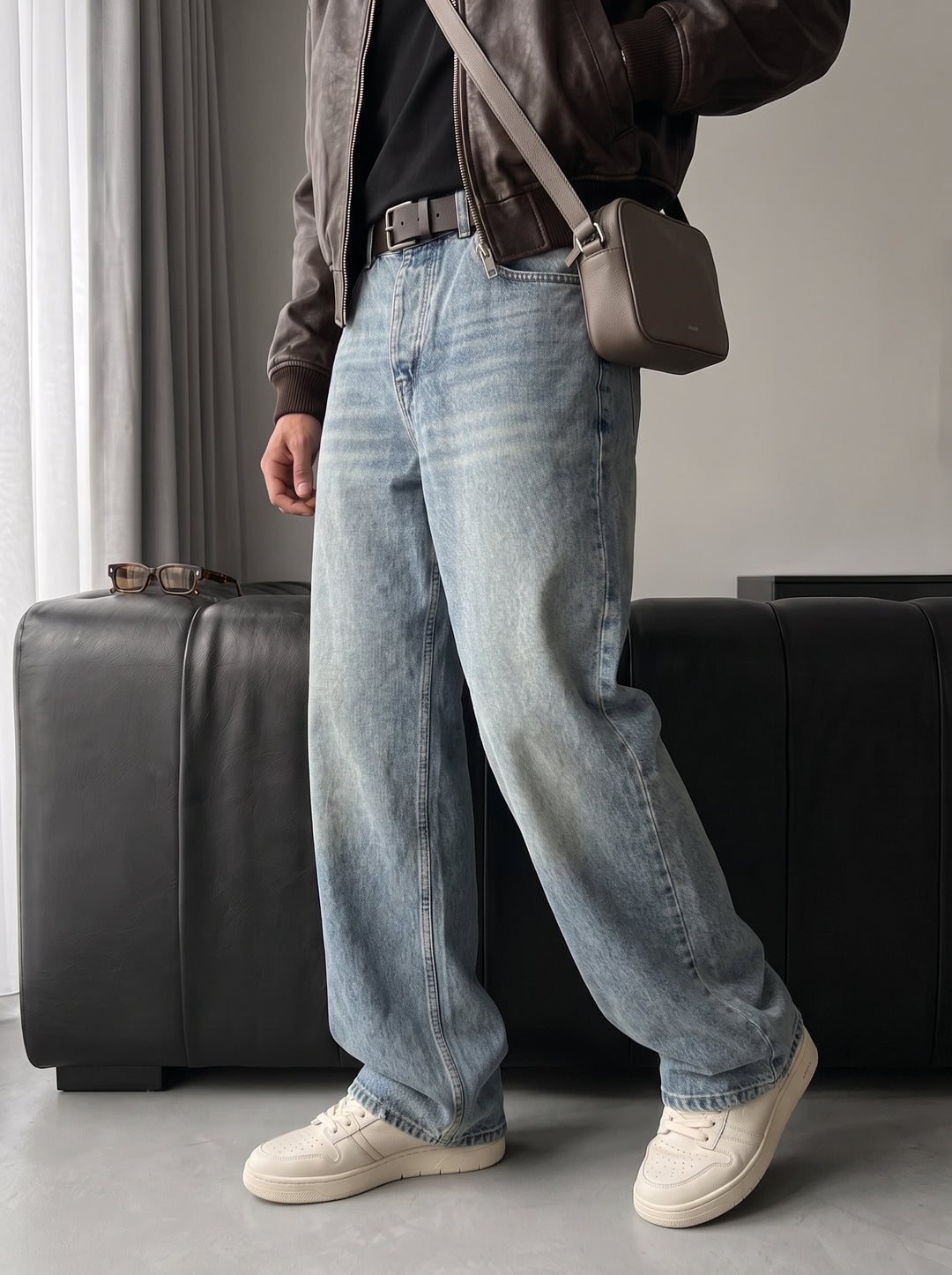 Baggy Fit Washed Jeans - Blue