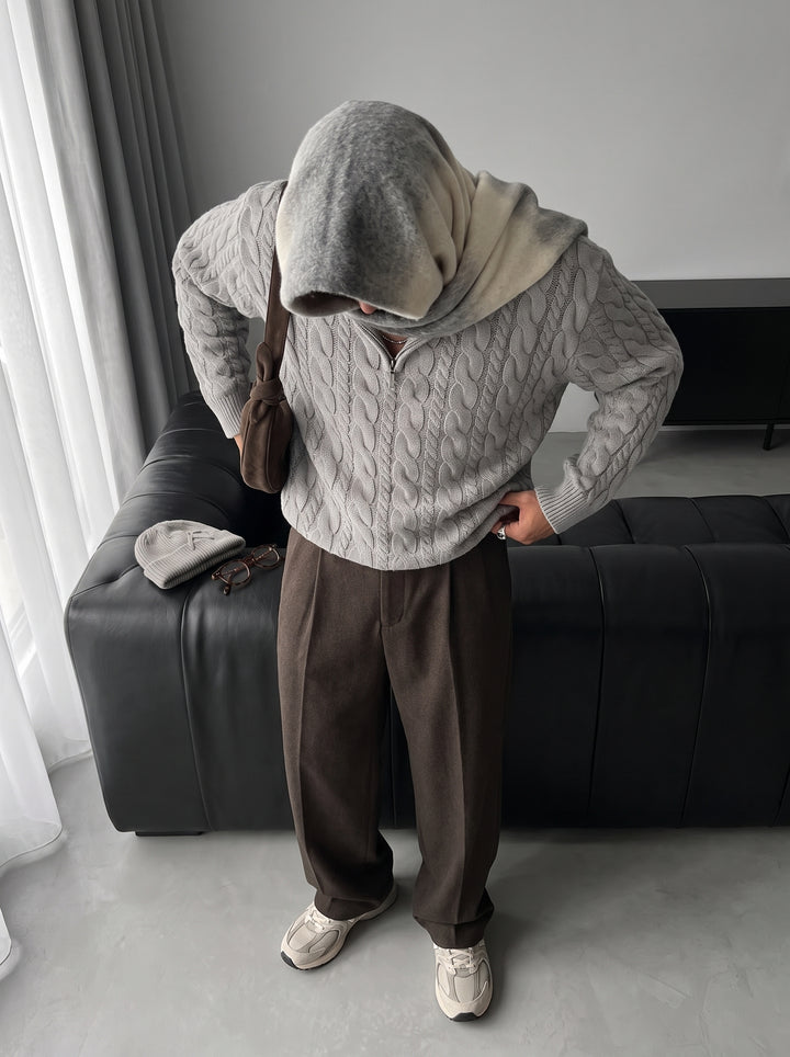 Oversize Collar Braid Zipper Pullover - Grey