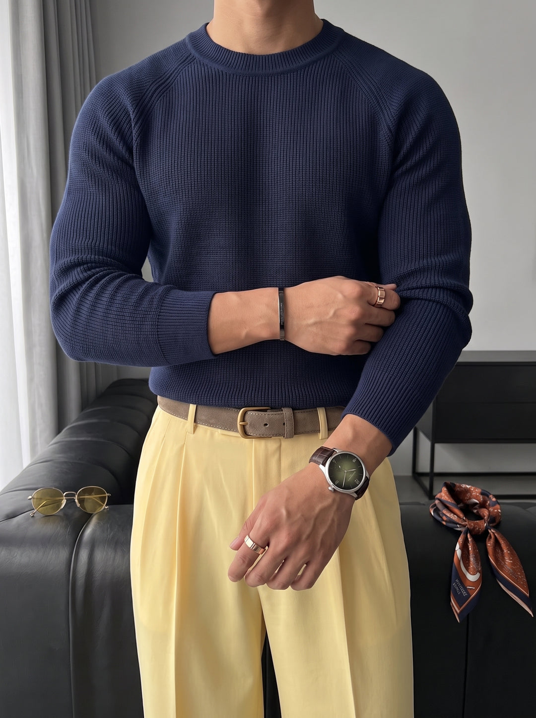 Slim Fit Thin Knit Sweater - Navy Blue