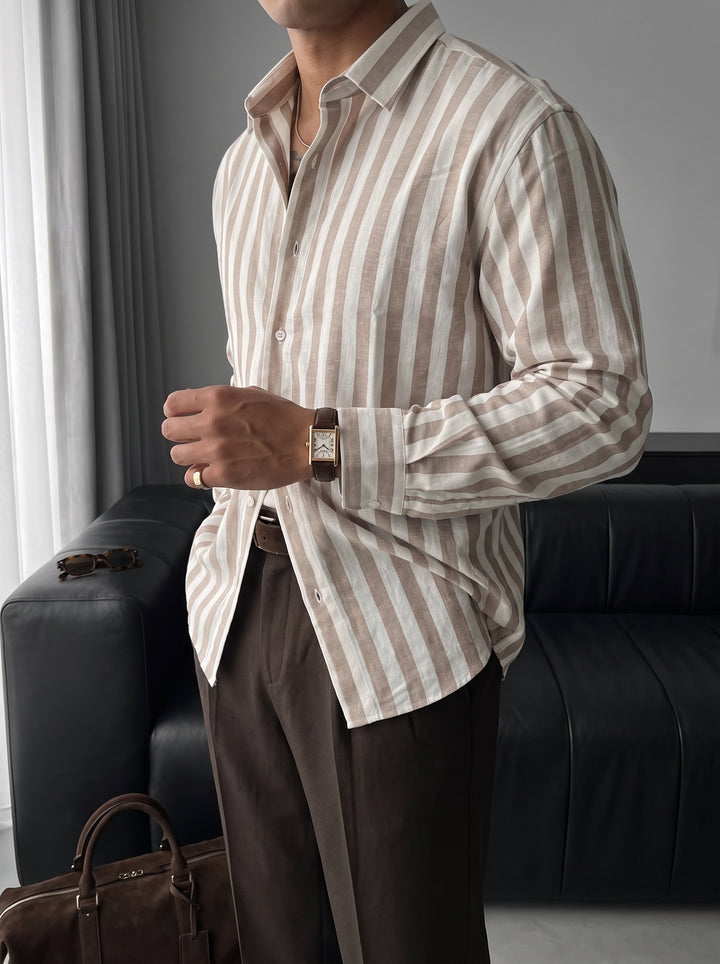 Oversize Cotton Striped Shirt - Camel