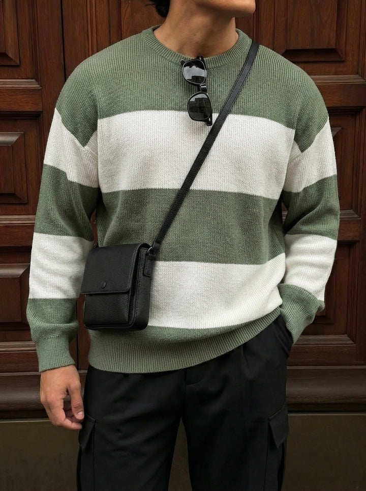 Loose Fit Strip Knit Sweater - Green