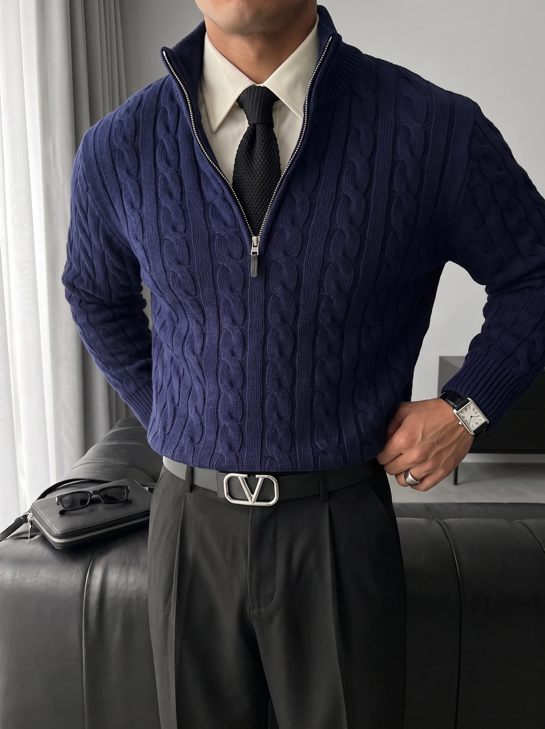 Oversize Collar Braid Pullover - Navy Blue