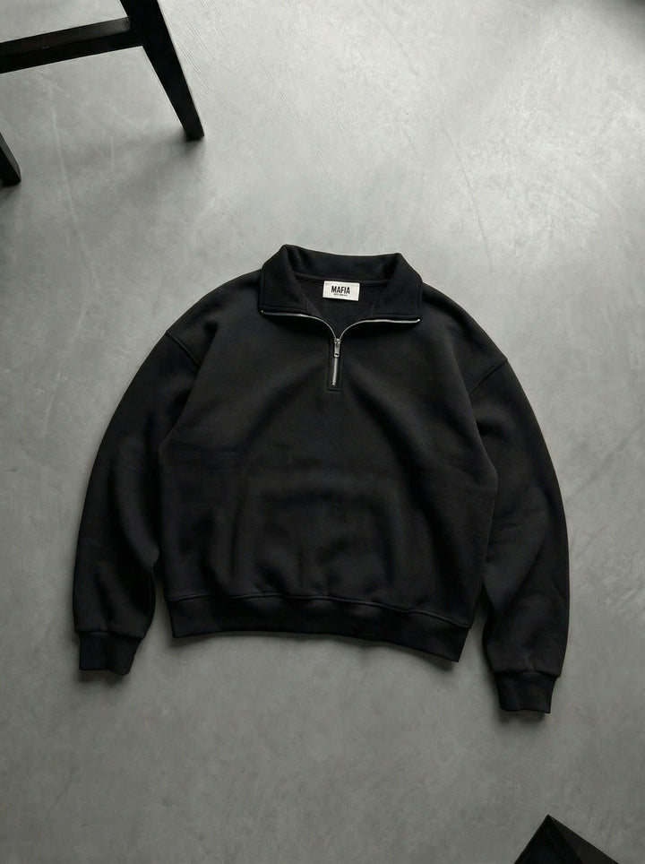 Oversize Half-Zip Polo Sweatshirt - Black