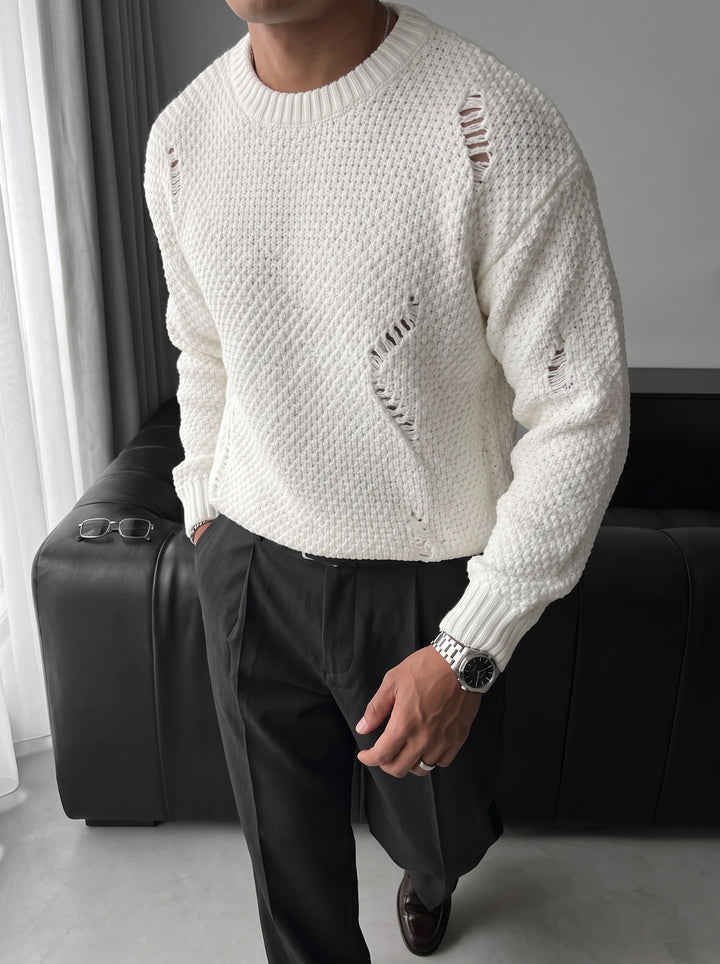Regular Fit Textured Torn Sweater - White