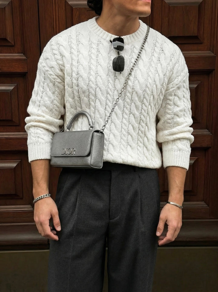 Oversize Knit Braid Sweater - White