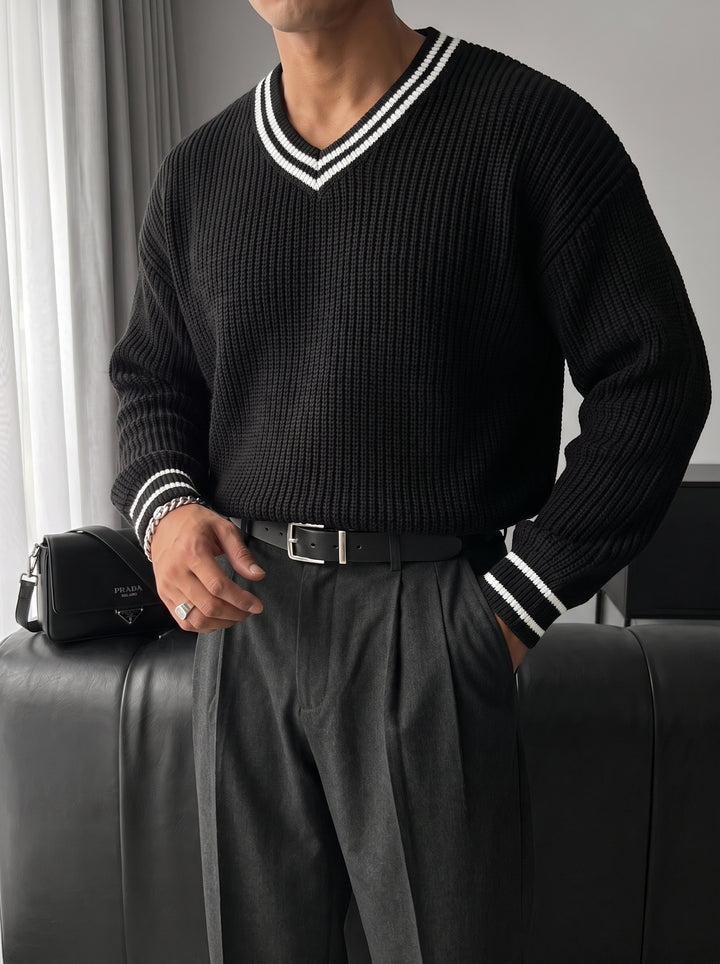 Oversize V Neckline Knit Pullover  - Black