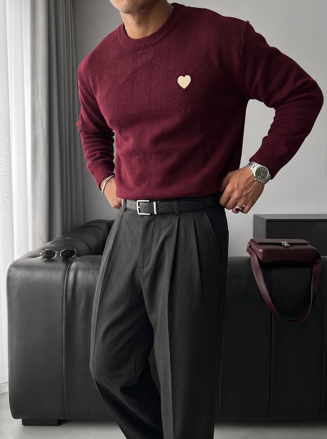 Loose Fit Heart Detail Sweater - Plum