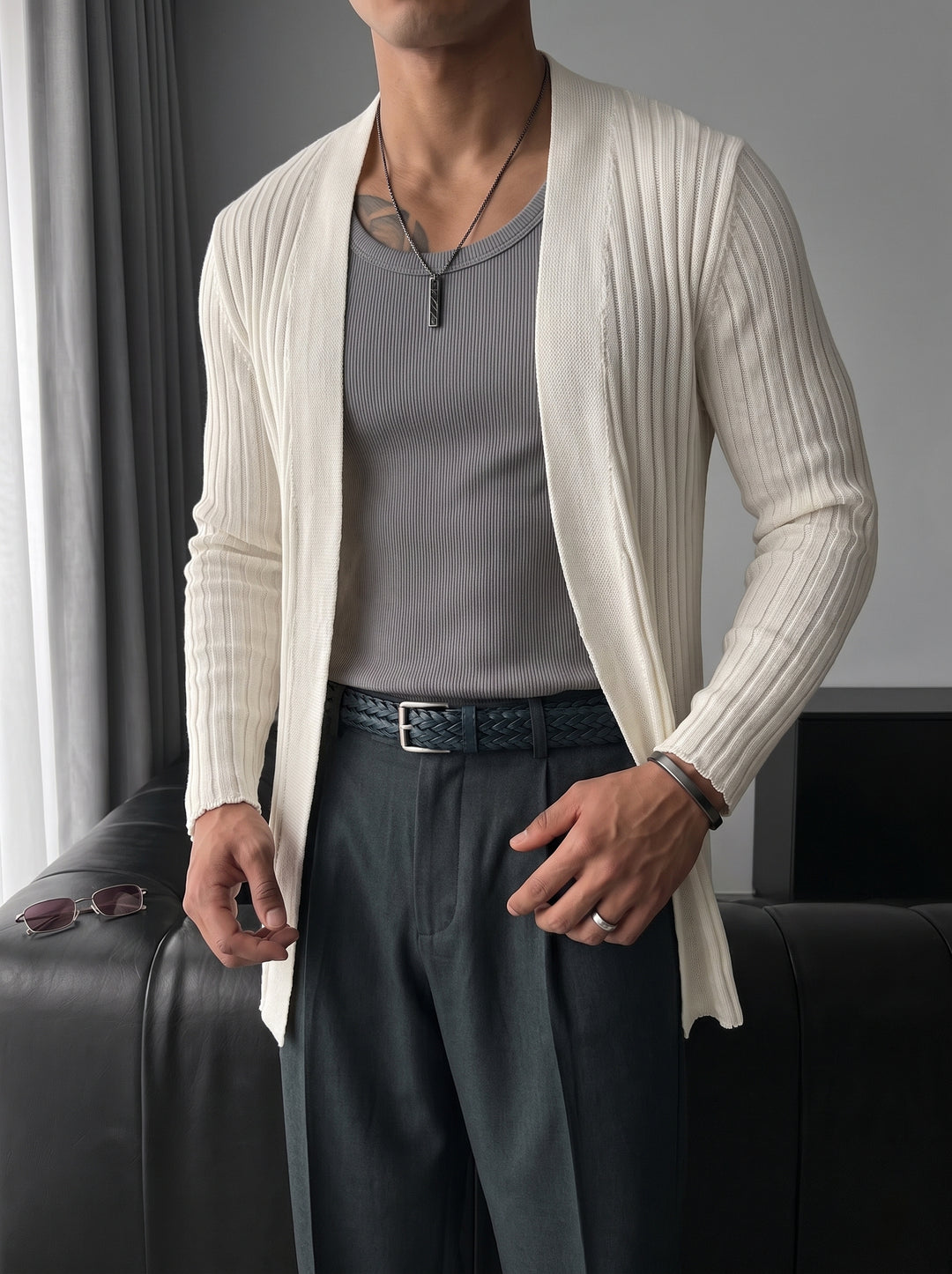 Slim Fit Knit Cardigan - White