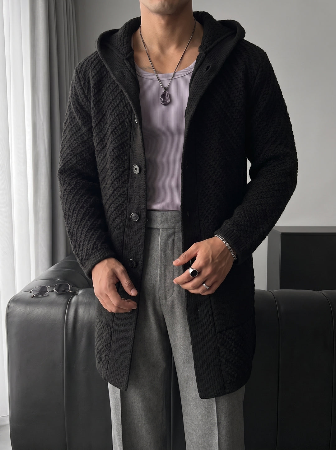 Loose Fit Button Textured Cardigan - Black