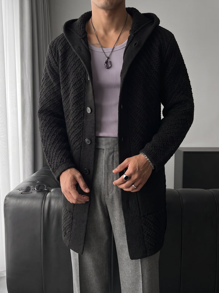 Loose Fit Button Textured Cardigan - Black