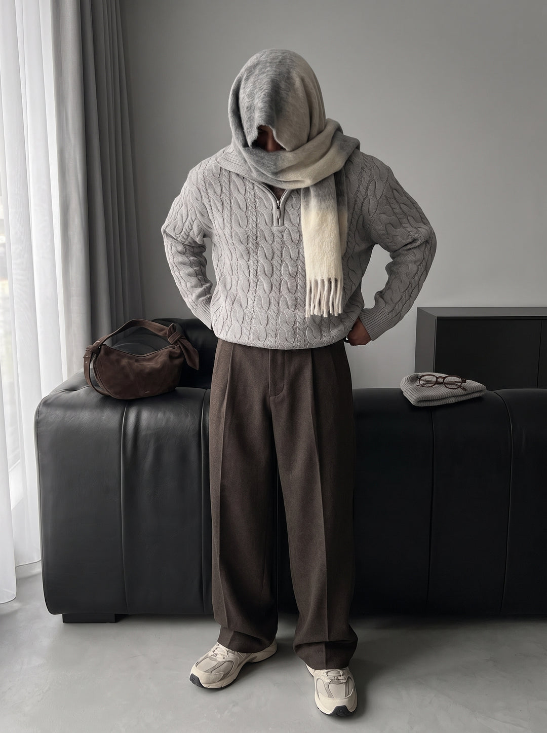 Oversize Collar Braid Zipper Pullover - Grey