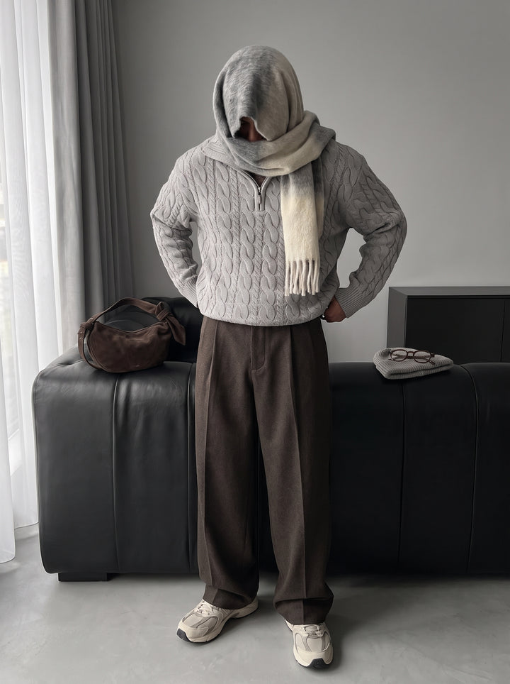 Oversize Collar Braid Zipper Pullover - Grey
