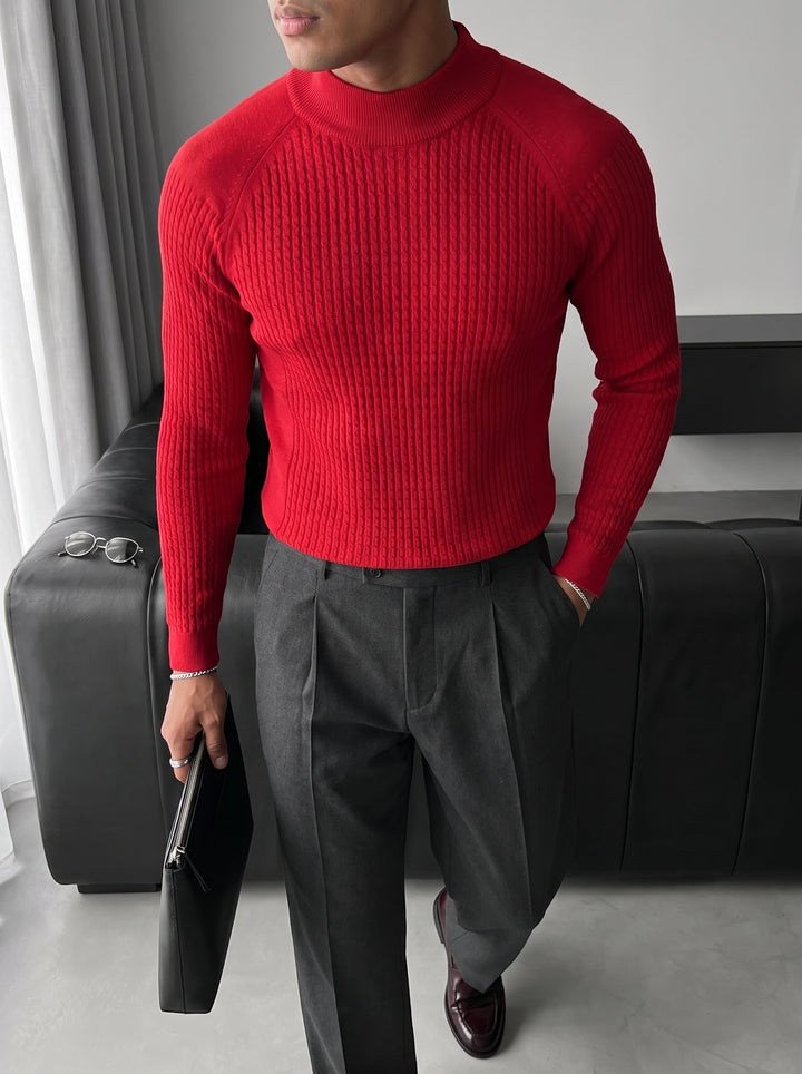 Slim Fit Mock Neck Knit Sweater - Red