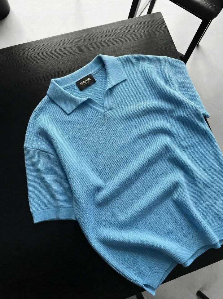 Oversize Collar Ribbed Knit T-Shirt - Babyblue