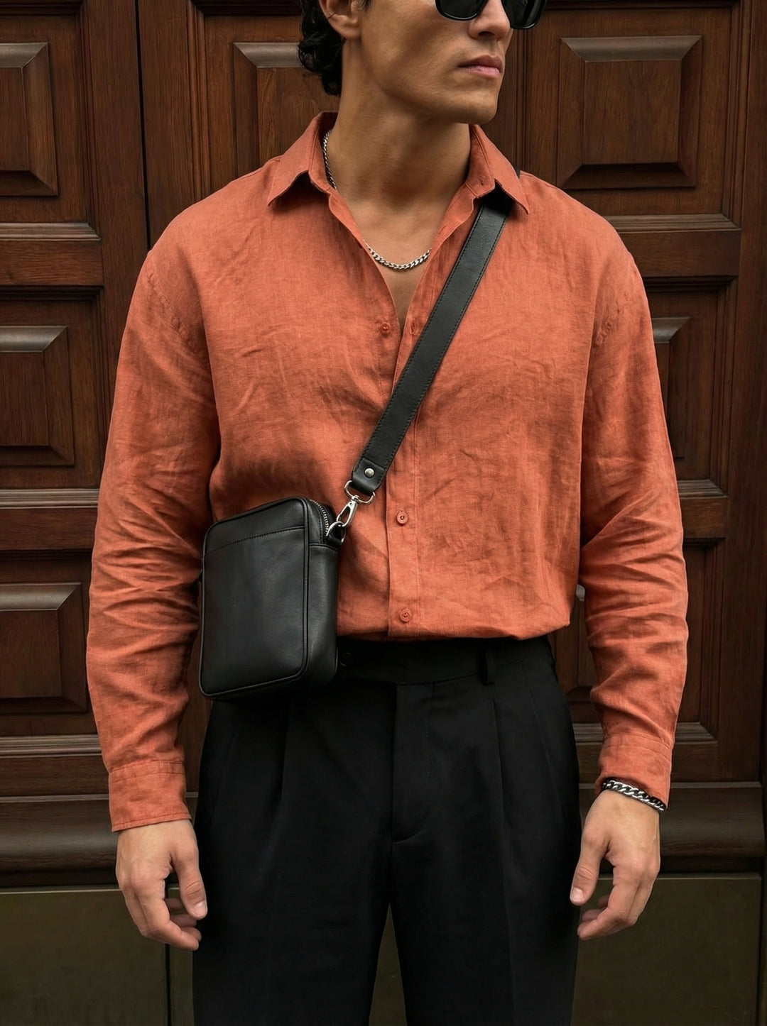 Regular Fit Long Arm Linen Shirt - Terracotta