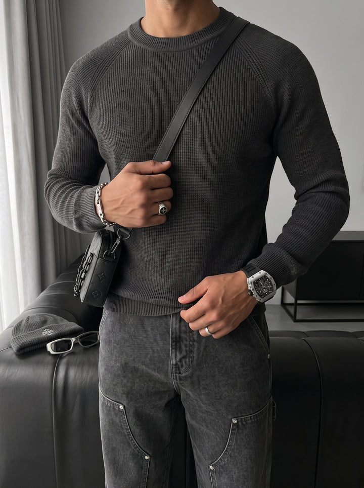 Slim Fit Thin Knit Sweater - Anthracite