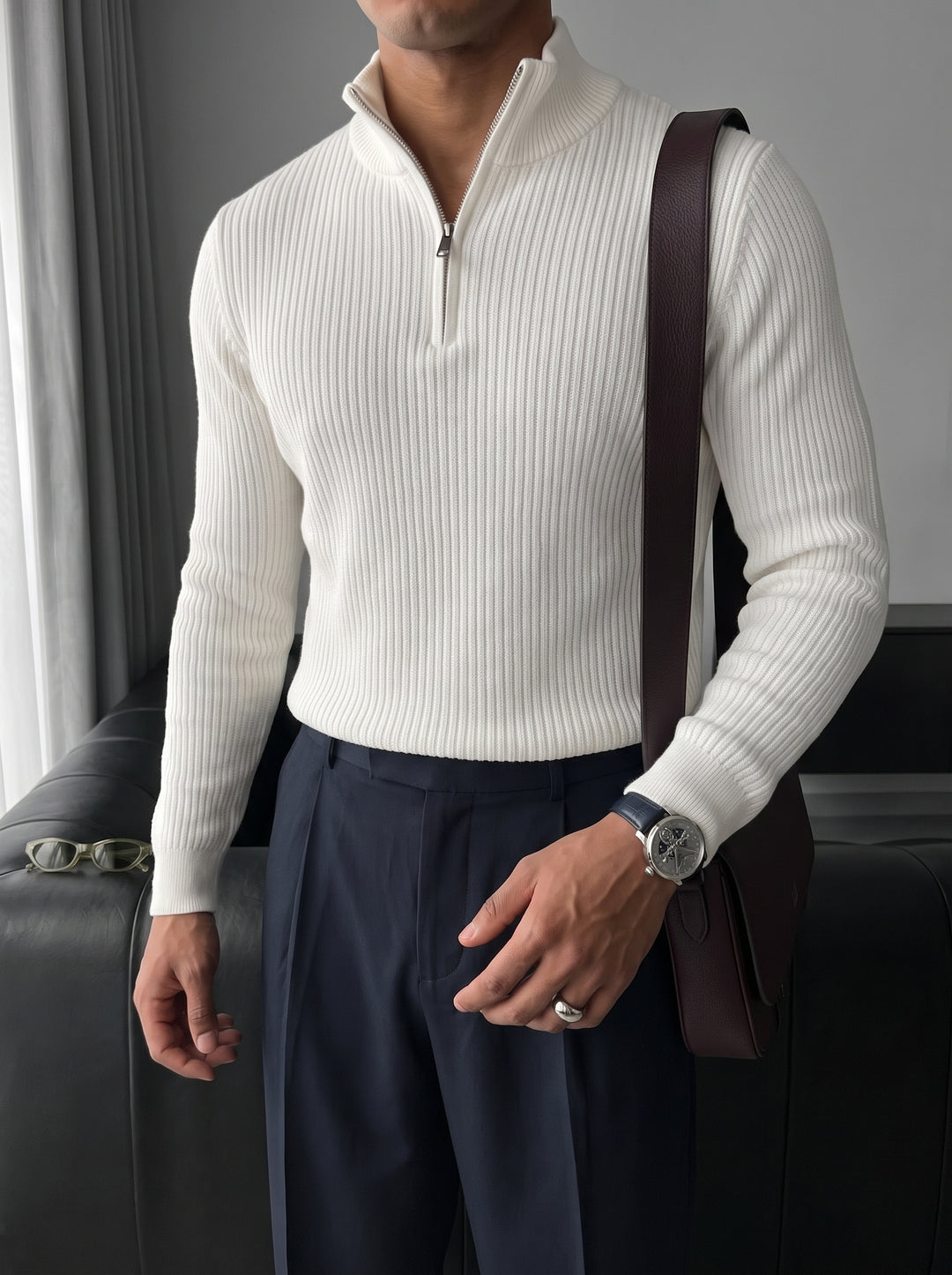 Slim Fit Half Zip Textured Sweater - Ecru