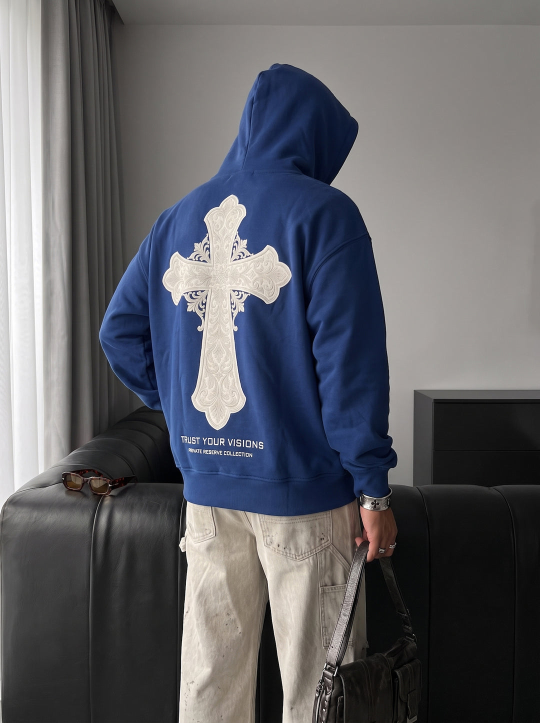 Oversize Cross Hoodie - Navy Peony