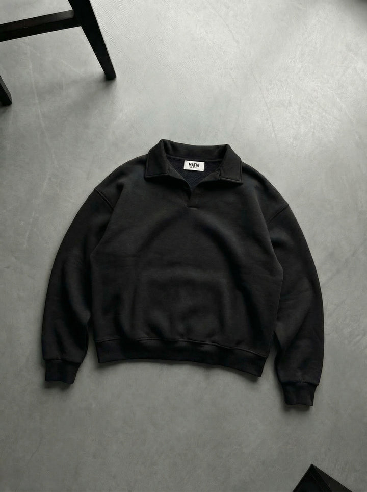 Oversize Basic Polo Sweatshirt - Black