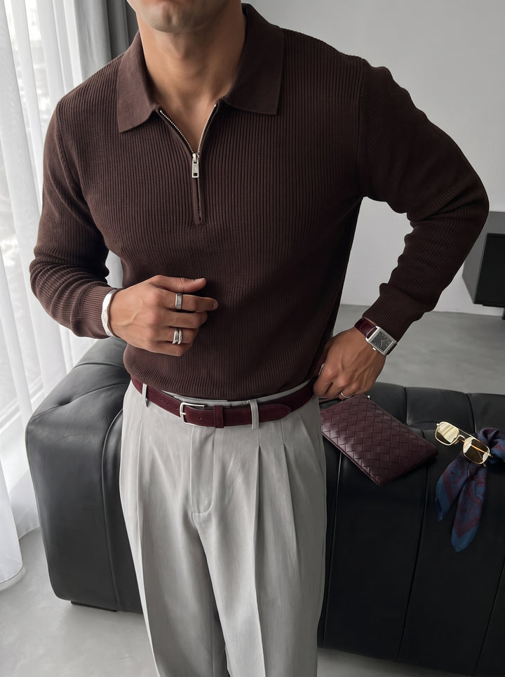 Loose Fit Polo Knit Sweater - Dark Brown