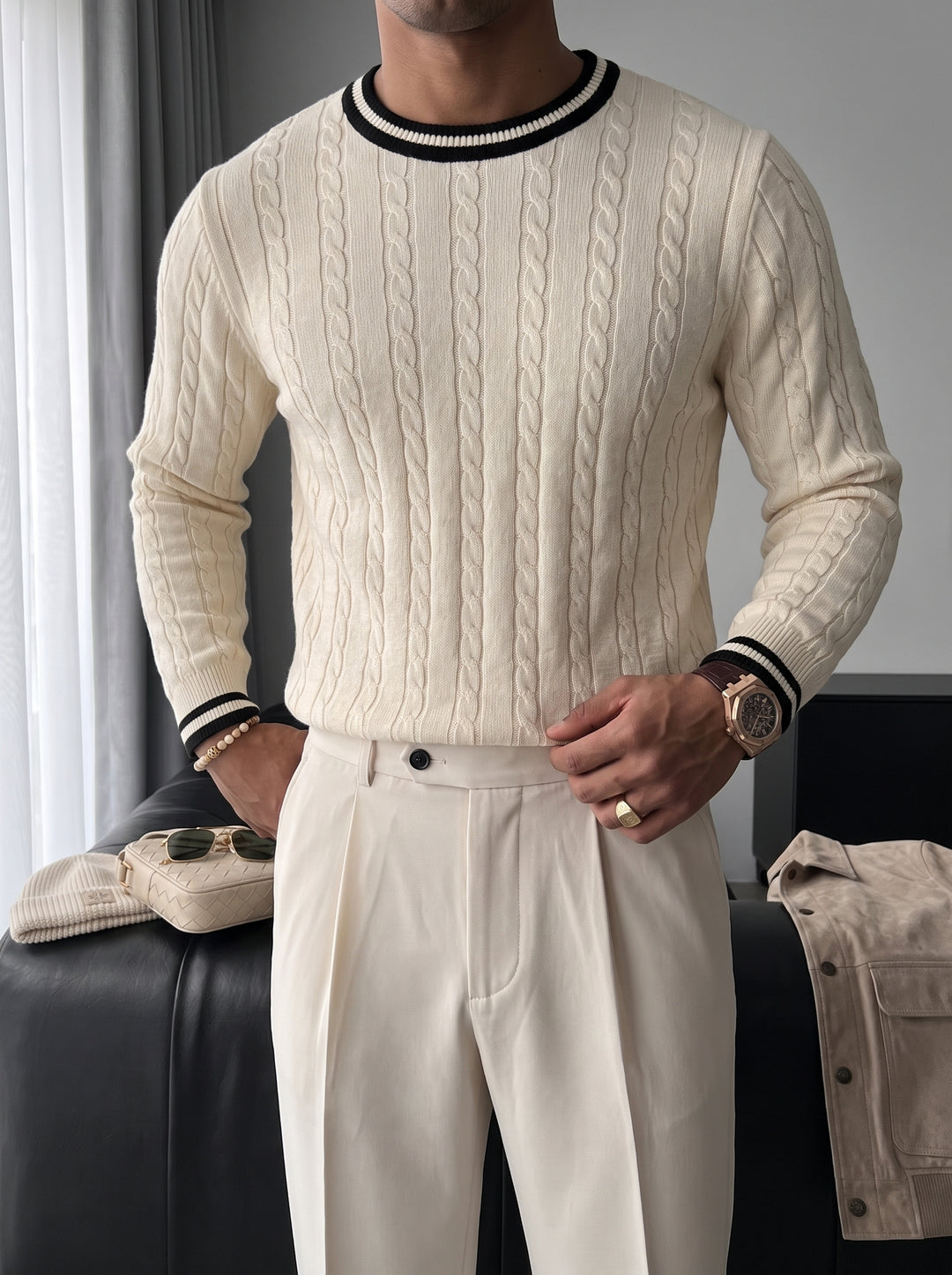 Regular Fit Braid Knit Sweater - Cream