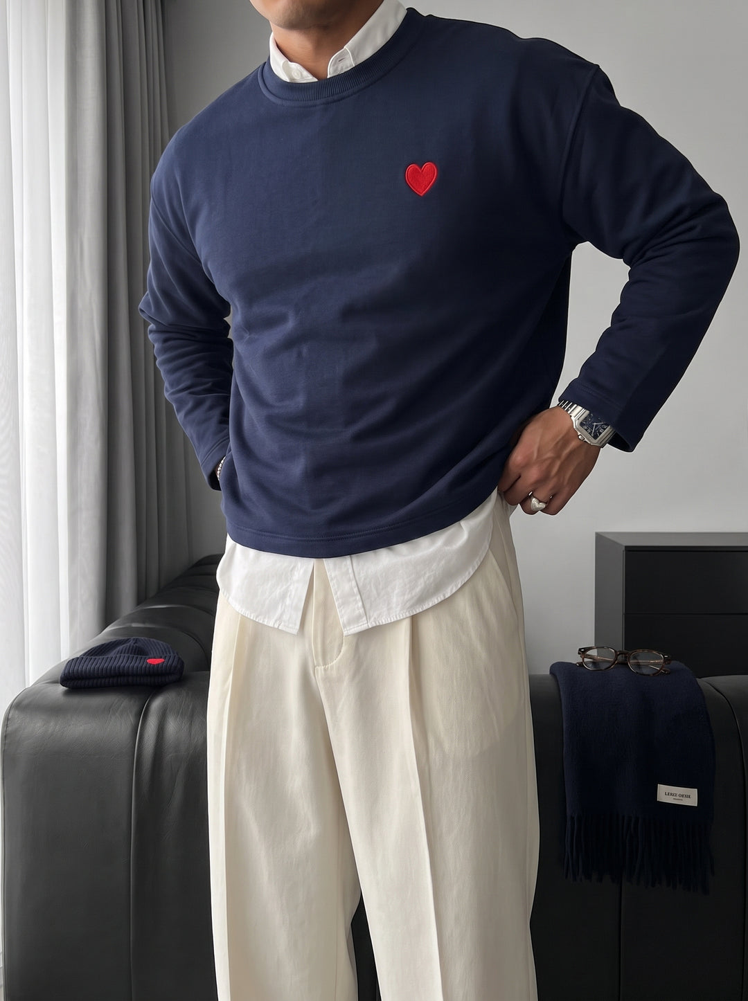 Oversize Heart Detailed Sweatshirt - Navy Blue