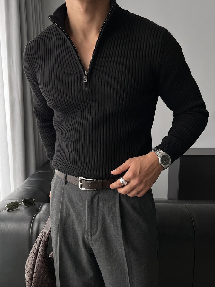 Slim Fit Half Zip Textured Sweater - Black