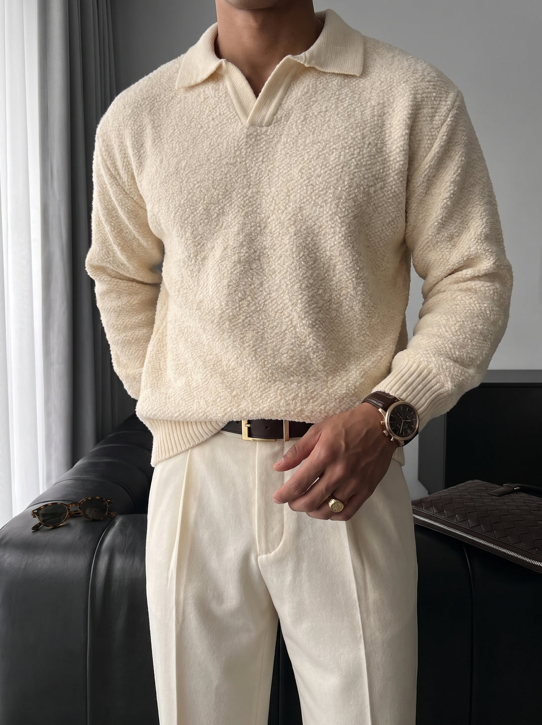 Knit Collar Brushed Pullover - Beige