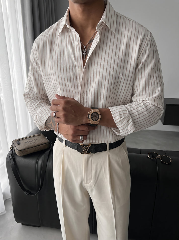 Oversize Cotton Thin Striped Shirt - Ecru and Camel