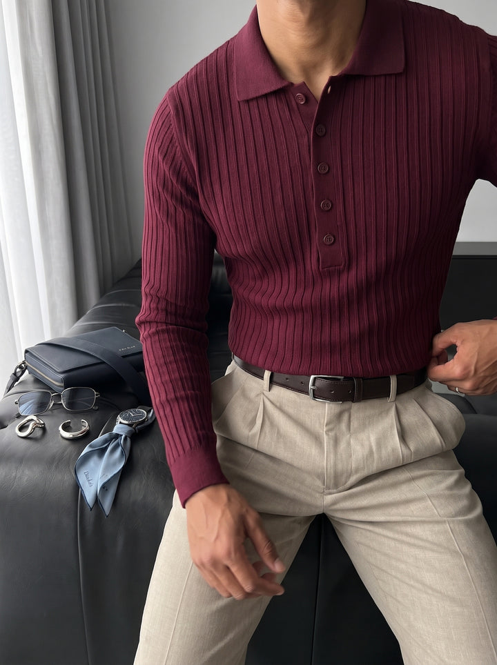 Slim Fit Polo Knit Sweater - Plum