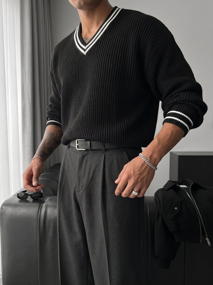 Oversize V Neckline Knit Pullover  - Black