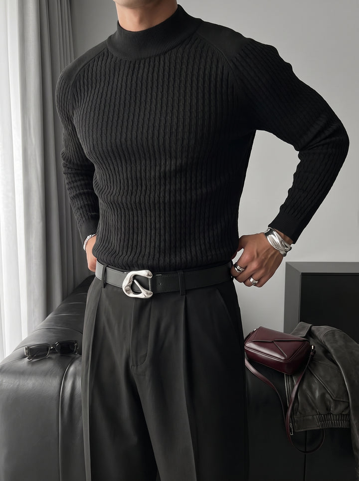 Slim Fit Mock Neck Knit Sweater - Black