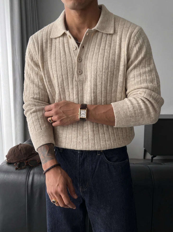 Loose Fit Polo Knit Pullover - Beige
