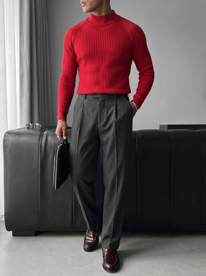 Slim Fit Mock Neck Knit Sweater - Red