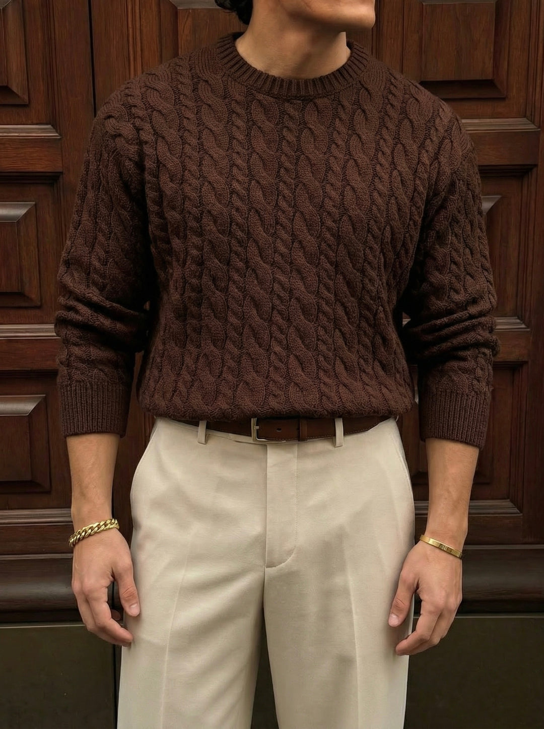 Oversize Knit Braid Sweater - Dark Brown