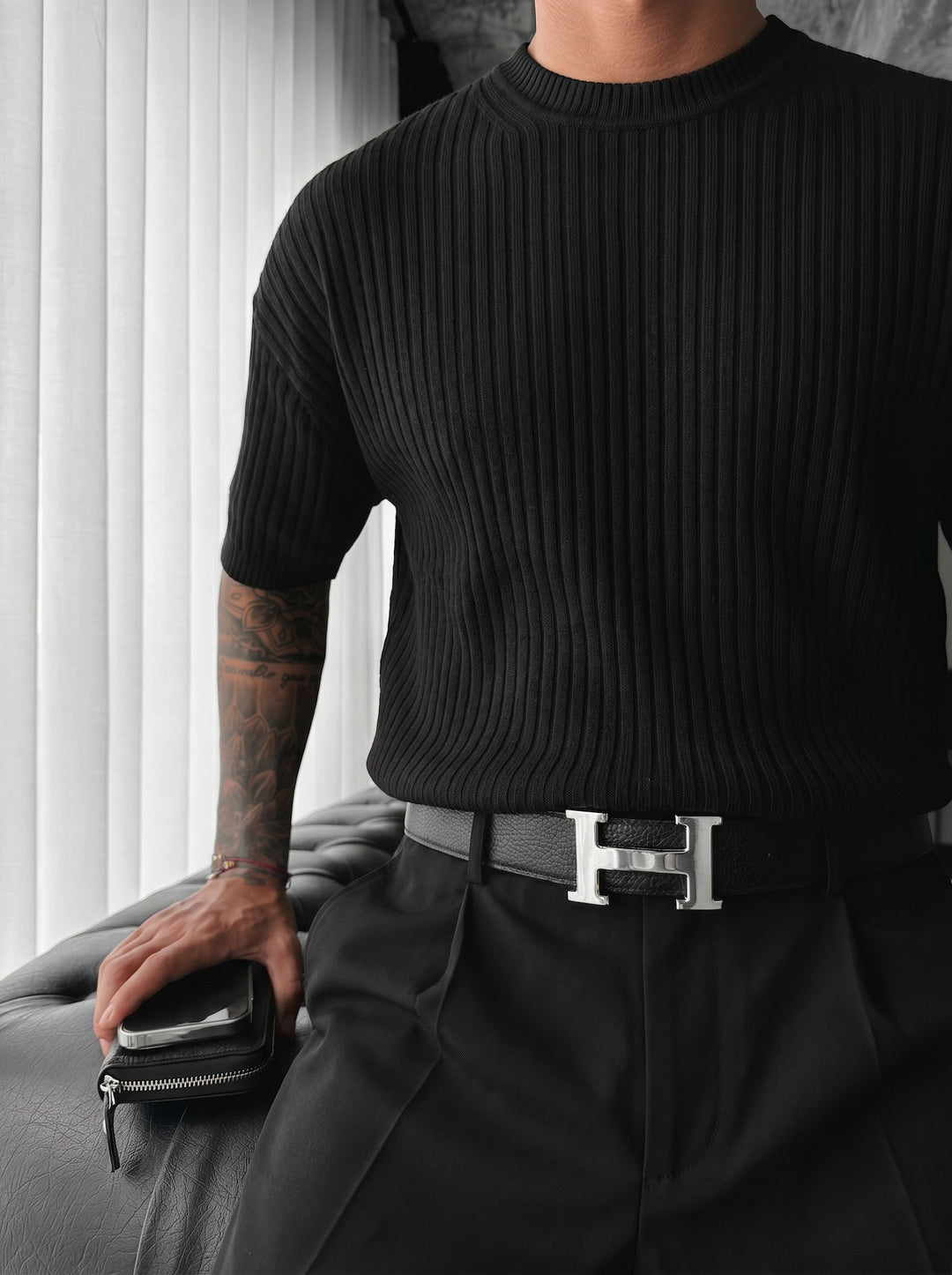 Loose Fit Ribbed Knit T-Shirt - Black