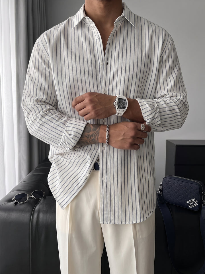 Oversize Cotton Thin Striped Shirt - White