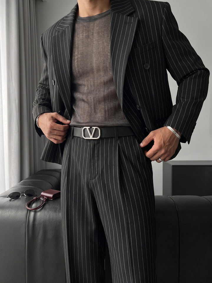 Oversize Pinstripe Double-Breasted Suit - Black