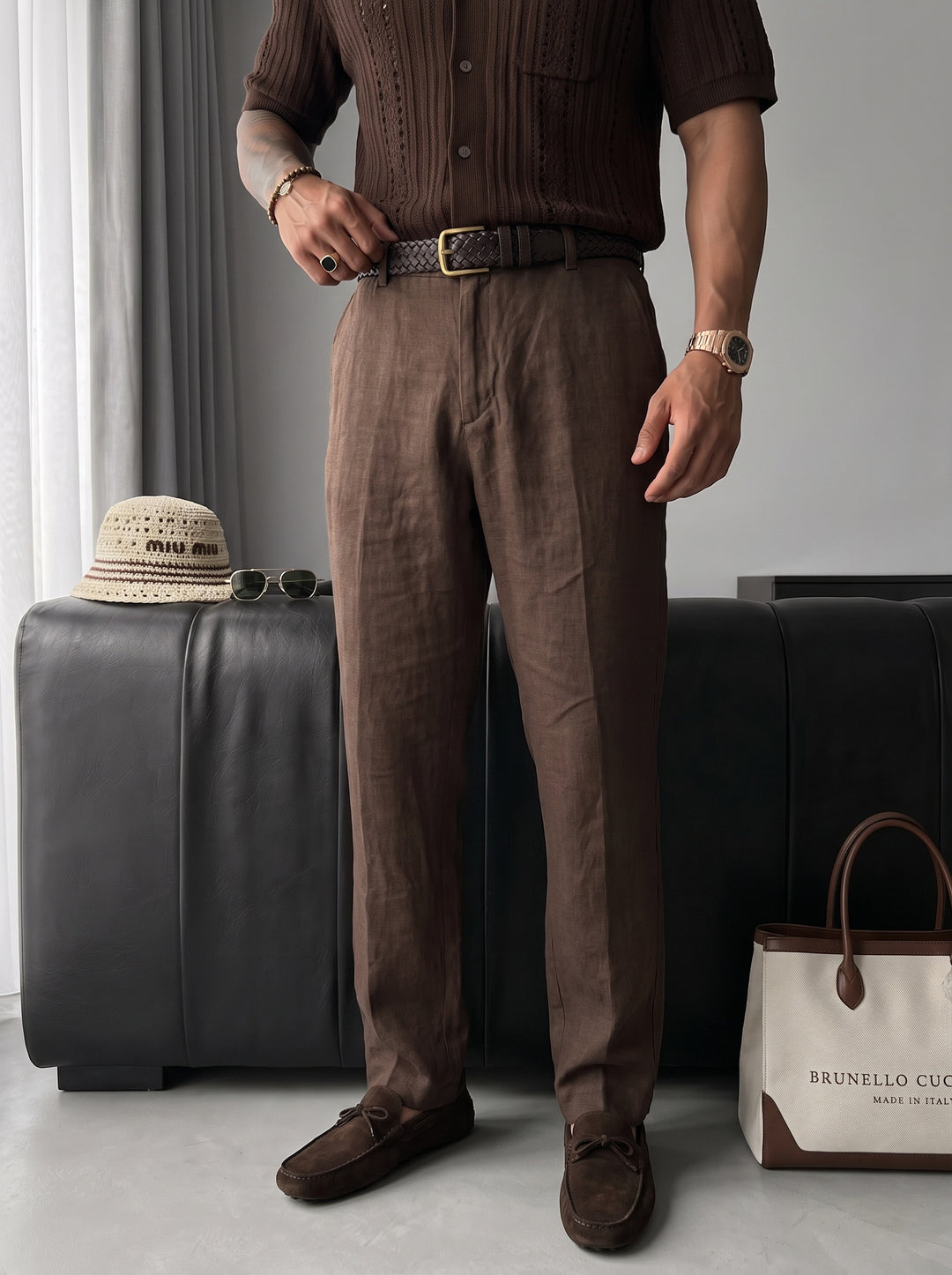 Loose Fit Linen Trousers - Dark Brown