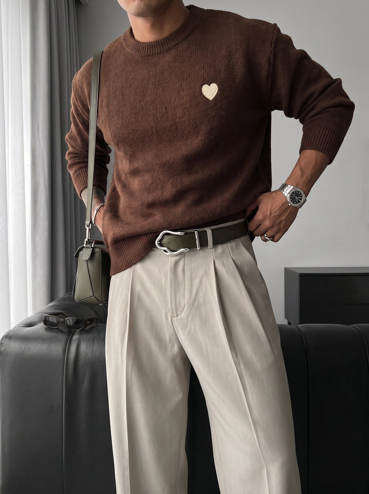 Loose Fit Heart Detail Sweater - Brown