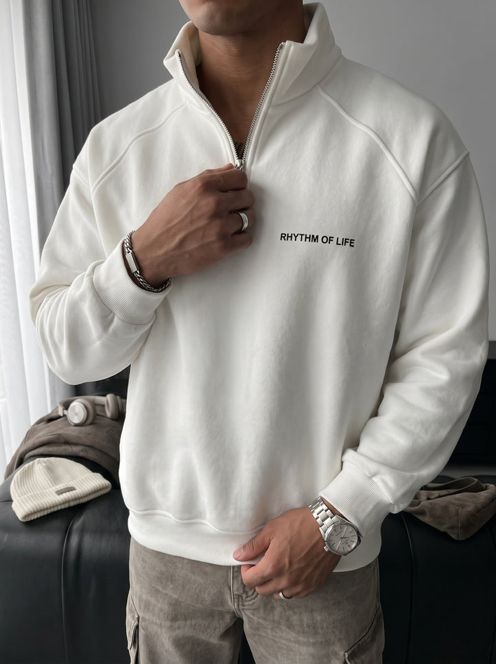 Oversize Half-Zip Motto Sweatshirt - Ecru