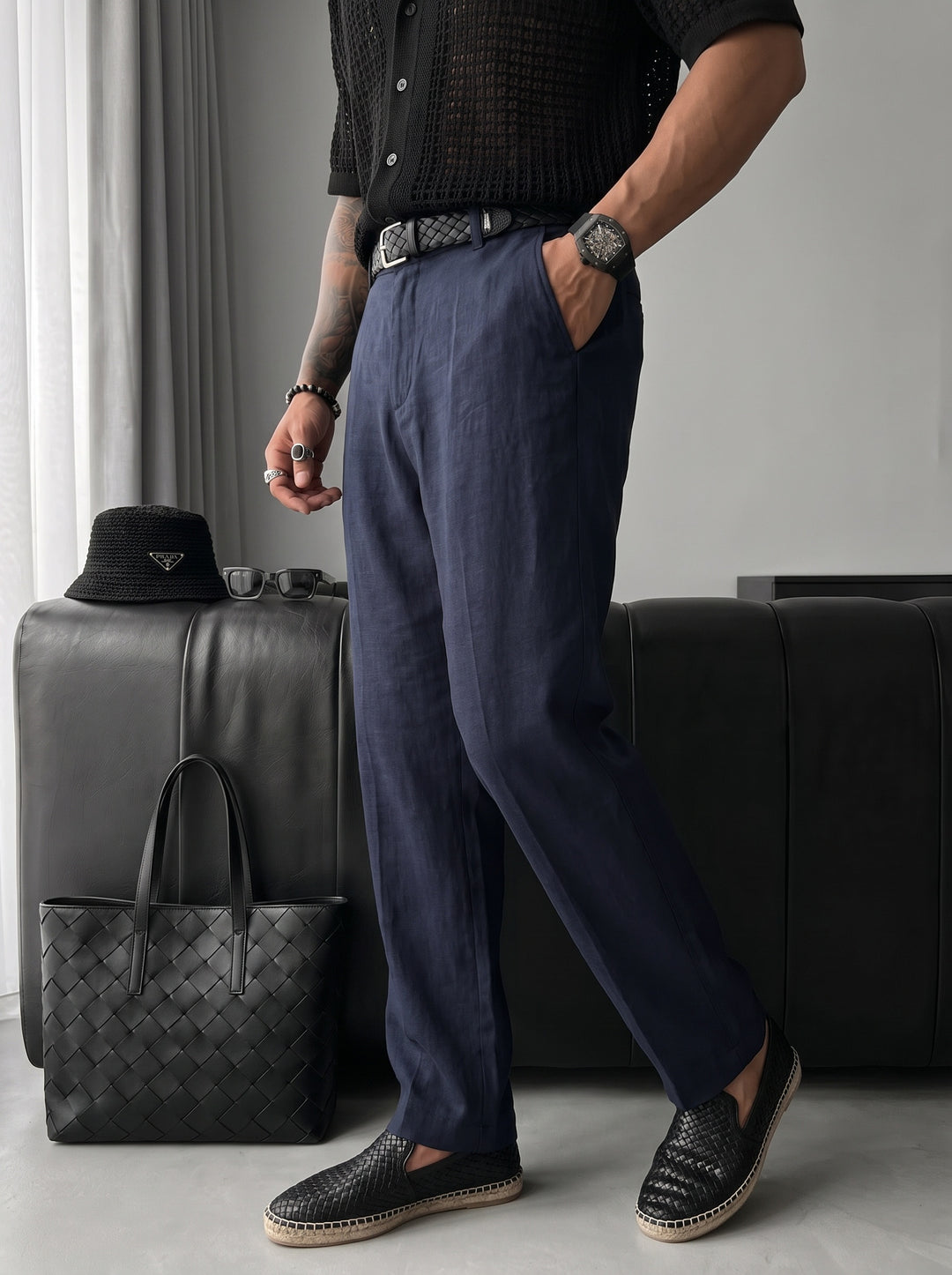 Loose Fit Linen Trousers - Navy Blue
