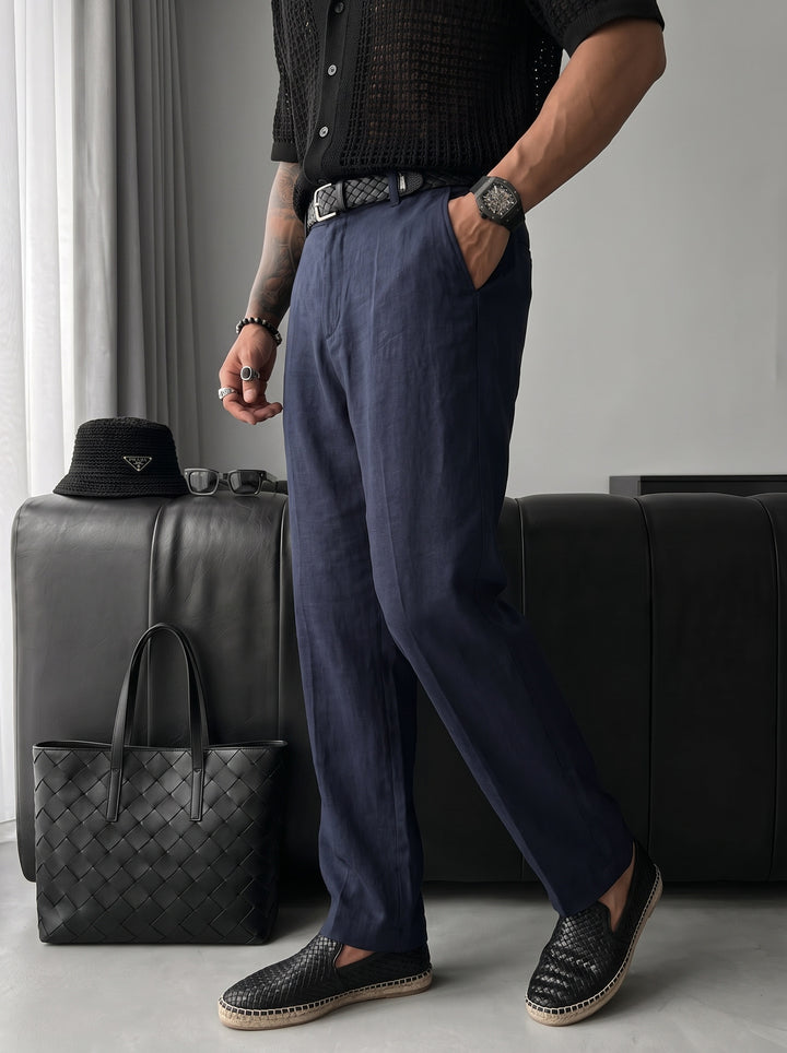 Loose Fit Linen Trousers - Navy Blue