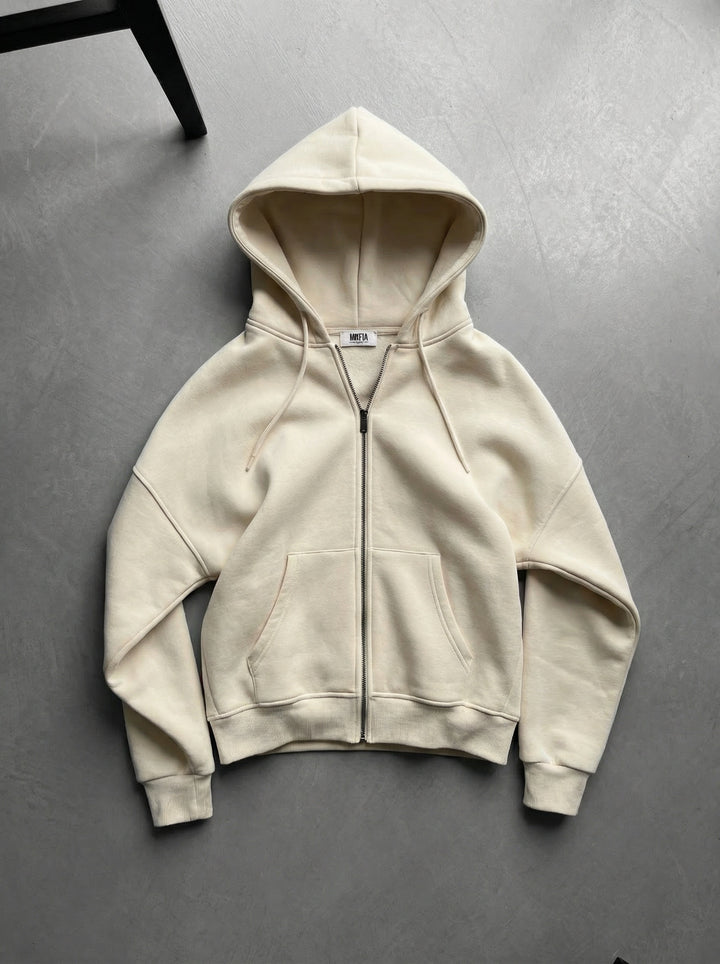 Oversize Basic Zipper Hoodie - Antique White