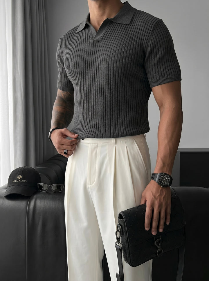 Slim Fit Knit Polo T-Shirt - Anthracite